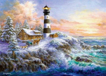 Greatness of Christmas - new year, xmas and new year, lighthouses, winter, lovely, christmas, christmas tree, oceans, love four seasons, holidays, pretty, snow, beautiful, colors, paintings, horse sleigh