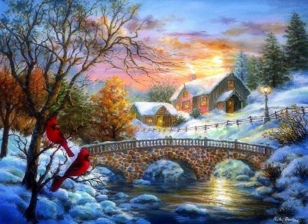 Winter Sunset for Christmas - new year, creek, pretty, sunsets, paintings, bridges, xmas and new year, houses, winter, lovely, christmas, nature, cardinals, christmas tree, love four seasons, holidays, snow, beautiful, colors