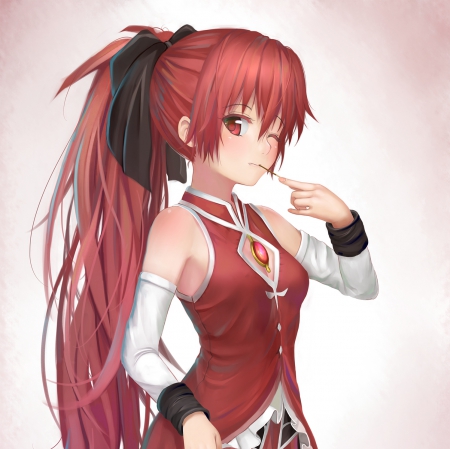 Sakura Kyouko - pretty, anime, madoka magica, kawaii, female, dress, wink, long hair, red hair, mahou shoujo madoka magica, plain, sakura kyouko, hd, nice, gown, anime girl, realistic, sakura, beautiful, girl, simple, beauty, lovely, sweet, cg, redhead, mahou shoujo, magical girl, cute