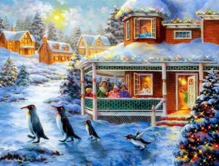 ★Christmas Surprise★ - pretty, people, snow, holidays, Christmas, winter holidays, winter, penguins, beautiful, paintings, colors, lovely, xmas and new year, christmas tree, New Year, cute, villages, love four seasons