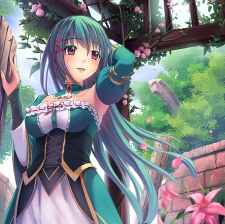 Garden - nice, beauty, female, smiling, anime girl, gorgeous, pretty, petals, anime, garden, scene, maiden, lady, girl, long hair, gown, lovely, floral, beautiful, blossom, scenery, sweet, smile, green hair, dress, happy, flower