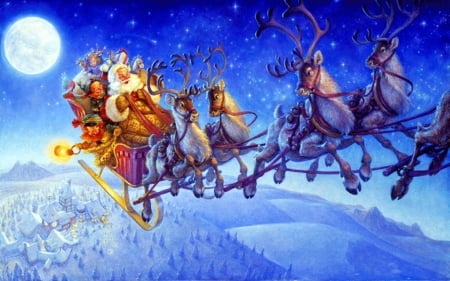 Santa on a Long,Long Way - christmas, moon, sleigh, xmas, reindeer