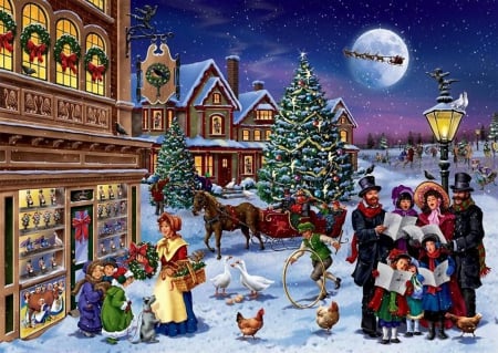 Victorian Christmas in Town - moon, christmas tree, people, artwork, snow, houses, hens