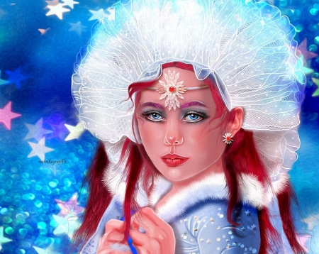 ~Winter Blue Angel~ - pretty, blue, angels, creative pre-made, snow, holidays, stars, winter, beautiful, digital art, weird things people wear, colors, lovely, xmas and new year, girls, christmas, fantasy, mixed media, redhead, love four seasons