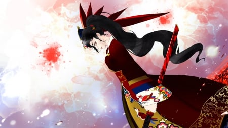 Red Samurai - girl, samurai, long hair, japanese, orginal, fantasy, japan, katana, sword, kimono