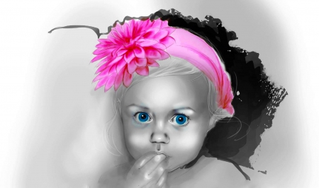 Lovely Child - serene, blue eyes, image, child, drawing, fantasy, face, art, grey, pretty, pink, beautiful, digital, ribbon