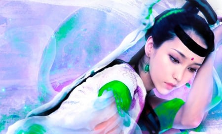 Pensive Geisha - digital, beautiful, photoshop, girl, art, serene, fine, fantasy, nice, geisha, image, asian, painting, woman, green