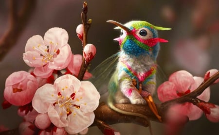 Lovely Fairy - digital, cute, beautiful, blossom, elf, girl, creature, fantasy, little, image, fairy, pretty, bird, flowers, sweet, art, lovely