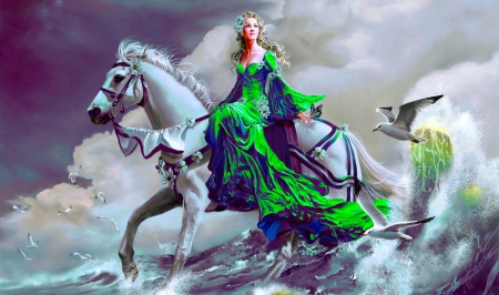 Lady Emerald - horse, digital, beautiful, photoshop, girl, art, fantasy, image, sea, princess, woman, green