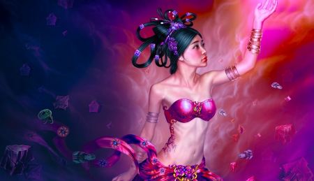 Magical Night - image, beautiful, photoshop, girl, pink, cg, fantasy, purple, digital, woman, exotic, art, asian