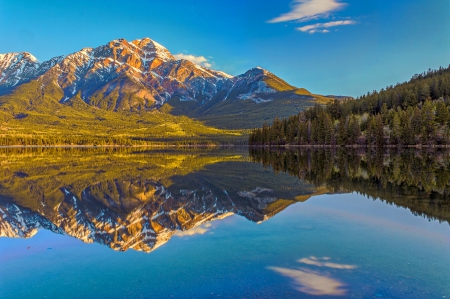 Pristine Pyramid - lake, mountain, forest, reflection, blue, beautiful, snowy peaks