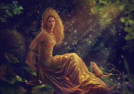 Slavic Mythology - valley, beautiful, abstract, girl, art, fantasy, lady, kitten, fairy, princess