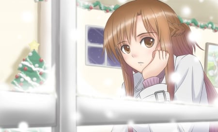 White Christmas - pretty, anime, female, window, snow, long hair, yuuki, holiday, sword art online, sao, merry christmas, nice, anime girl, asuna, winter, beautiful, girl, yuuki asuna, beauty, lovely, brown hair, sweet, christmas, brown eye, asuna yuuki