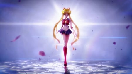 Moon - pretty, anime, twin tail, magic, female, twintail, walking, blonde, blond hair, sailor moon, shining, blond, nice, anime girl, sailormoon, twintails, beautiful, hot, girl, blonde hair, beauty, lovely, sweet, flower, petals, fantasy, glowing, sexy