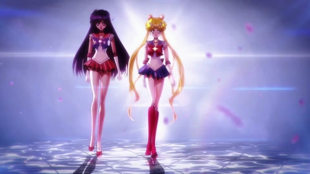 Mars / Moon - pretty, anime, twin tail, magic, female, twintail, walking, blonde, blond hair, sailor moon, shining, blond, nice, purple hair, anime girl, sailormoon, twintails, beautiful, hot, girl, blonde hair, beauty, lovely, sweet, flower, petals, fantasy, glowing, sailor mars, sexy