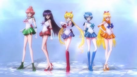 Moon Pride - hot, magic, sailor mars, anime girl, blond hair, blonde hair, petals, sailor jupiter, sailor mercury, sexy, purple hair, shining, beautiful, sweet, nice, sailor venus, beauty, female, twintail, blond, fantasy, brown hair, glowing, pretty, anime, short hair, twin tail, girl, twintails, walking, lovely, sailor moon, blue hair, sailormoon, blonde, flower