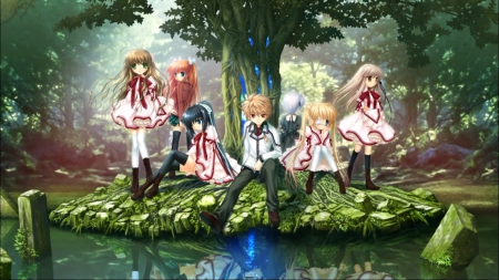 Rewrite - gown, cute, beautiful, rewrite, anime girl, adorable, girl, male, scenery, scenic, tree, pretty, kawaii, beauty, sweet, rewrite harvest festa, anime, team, dress, pond, group, nice, lovely, scene, female, boy