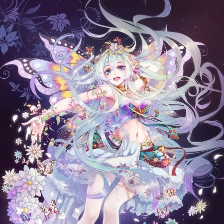 Mari Posa - pretty, butter wings, anime, female, wing, blossom, dress, long hair, happy, hd, nice, smiling, anime girl, beautiful, hot, girl, beauty, lovely, sweet, flower, petals, smile, wings, fairy, sexy