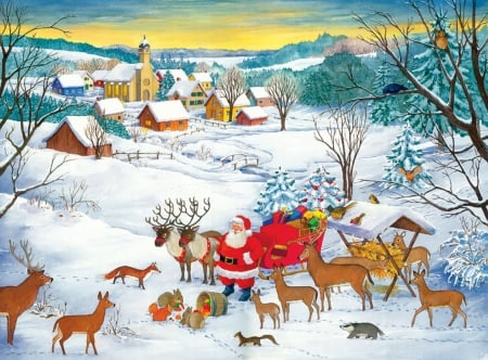 White Christmas - animals, beautiful, village, christmas, art, white, children, houses, santa, painting, snow