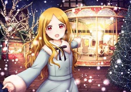 Carousel - nice, beauty, female, blond, anime girl, smow, blond hair, pretty, blonde hair, anime, pointing, mery christmas, point, cute, scene, adorable, girl, light, long hair, winter, night, lovely, christmas, cg, carousel, hd, christmas tree, kawaii, beautiful, sweet, dress