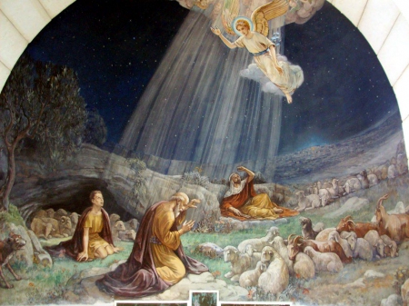 Nativity in Bethlehem - sheep, angel, shepherds, artwork, christmas