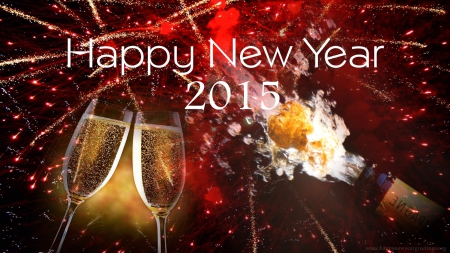 Happy New Year 2015 - sparkling, glass, figures, artwork, bottle, fireworks