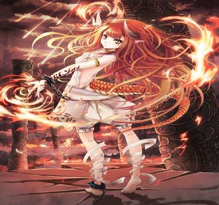 Little Devil - orginal, girl, devil, long hair, cg, fire, horn, cute, little