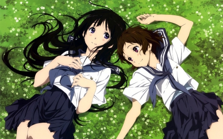 Laying In The Field - long hair, wallpaper, hyouka, anime girl, field, sailor uniform, seifuku, black hair, brown hair, school uniform, anime, purple eyes, chitanda eru