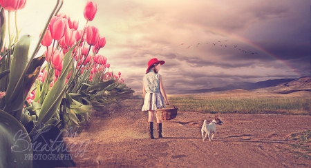 Take a Friend - girl, fantasy, tulips, dog