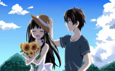 Today Was Fun - sunflower, hat, sun, violet eyes, wallpaper, anime girl, oreki hountarou, black hair, brown hair, white, anime guy, green eyes, anime, chitanda eru, dress