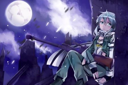 Waiting It Out - sniper, sinon, blue eyes, long hair, sniper rifle, wallpaper, scarf, anime girl, shino asada, jacket, white, blue hair, anime, green, sword art online, short hair