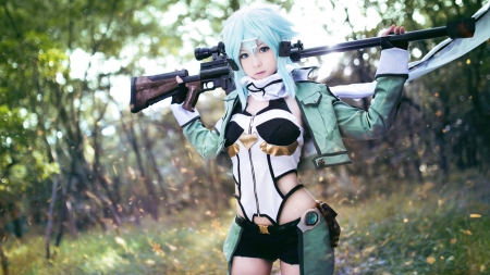 Cosplay Sinon - white scarf, sinon, long hair, green jacket, wallpaper, scarf, anime girl, shino asada, jacket, blue hair, anime, cosplay, short hair