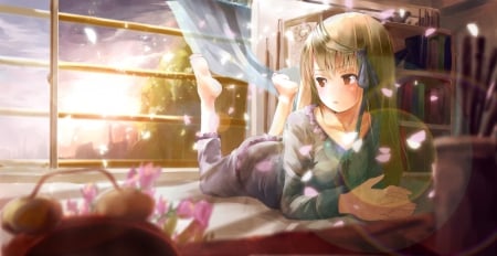 Laying On The Bed - wallpaper, window, brown hair, anime, anime girl, original, long hair, sunset, pillow, bed