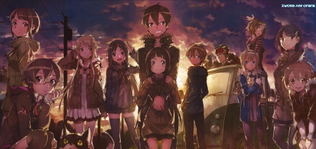 The Gang's All Here! - Truck, Cat, Leafa, Anime Girl, Blonde Hair, Brown Hair, Glasses, Bow, Cold, Jacket, Blue Hair, Kirito, Klein, Scar, Car, Sinon, Kirigaya Kazuto, Black Hair, Shino Asada, Red Hair, Alice Schuberg, Agil, Yui, Sacchi, Suguha Kirigaya, Brown Eyes, Gray Eyes, Silica, Eugeo, Night, Winter, Anime, Asuna, Long Hair, Lisbeth, Anime Guy, Bandana, Yuuki Asuna, Konno Yuuki, Evening, Short Hair, Wallpaper, Headband, Braid