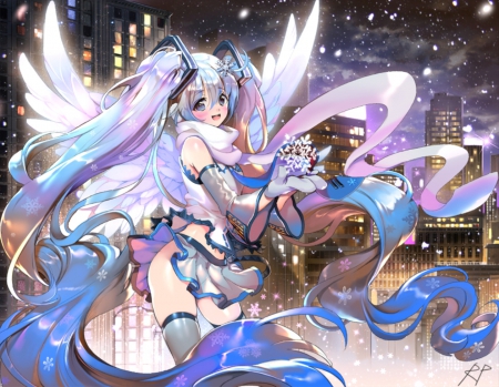 Snow Flakes - pretty, snowflakes, miku hatsune, twin tail, female, wing, snow, angel, night, nice, house, hot, city, beauty, feather, wings, sexy, building, vocaloid, anime, twintail, hatsune miku, twin tails, anime girl, winter, twintails, beautiful, girl, lovely, sweet, flakes, miku, hatsune, vocaloids