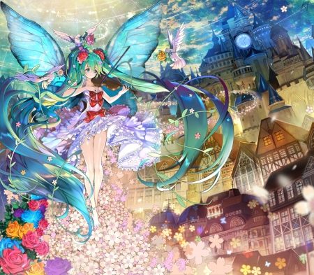 Violin - pretty, magic, miku hatsune, twin tail, female, wing, blossom, night, nice, gown, city, beauty, flower, cute, floral, building, vocaloid, anime, kawaii, twintail, dress, hatsune miku, green hair, long hair, misic, home, float, instruments, fly, twin tails, anime girl, twintails, beautiful, violin, girl, lovely, sweet, fantasy, miku, fairy, hatsune, vocaloids