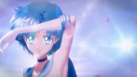 Sailor Mercury - pretty, anime, magic, female, sailor moon, blue hair, nice, anime girl, sailormoon, sailor mercury, girl, beauty, lovely, sweet, petals, glow, fantasy, glowing, magical girl, beautifulshort hair