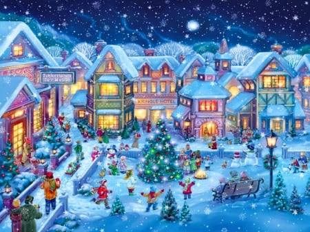 Holiday village - new year, fun, sky, joy, magic, painting, spirit, view, art, children, evening, mood, holiday, moonlight, tree, ice, houses, snowfall, winter, snowflakes, christmas, square, village, frost, snow, beautiful, lights