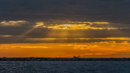 Golden sunlight - nature, sun  rays, sea, clouds