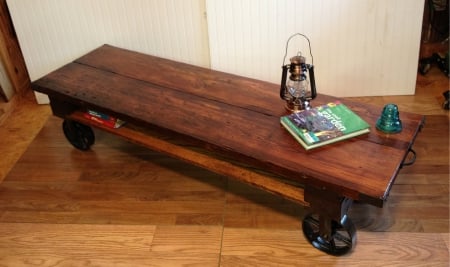 warehouse cart now coffee table not for sale - wood, wheels, antique, iron