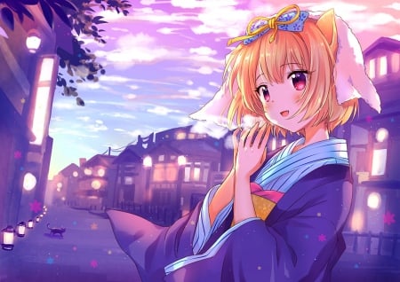 Sakurogu - neko mimi, anime girl, nekomimi, blond hair, blonde hair, evening, kimono, building, adorable, scenic, light, yukata, sweet, kitsune, nice, sky, female, blond, home, pretty, cloud, anime, house, short hair, cute, scene, neko, girl, lovely, kawaii, town, city, scenery, blonde