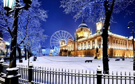 Belfast, Ireland in Winter - trees, Ferris Wheel, snow, fence, building