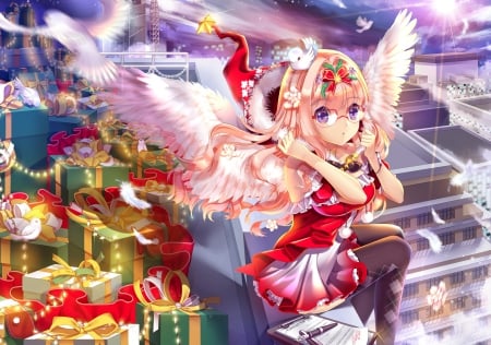 Angel - pretty, gifts, angel, christmas, santa, glasses, wings, cute, santa costume