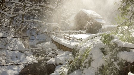 Winter Onsen House - house, winter, snow, forest, onsen, japan, nature, hotbath, japanese