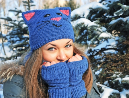 Winter Smile - beauty, trees, girl, snow, winter, coat, gloves, cat hat