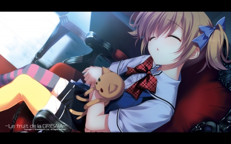 Sleeping Peacefully - sleeping, anime girl, stuffed cat, irisu, school uniform, chair, hair pin, makina, red bow, grisaia no kajitsu, anime, brunette, makina irisu