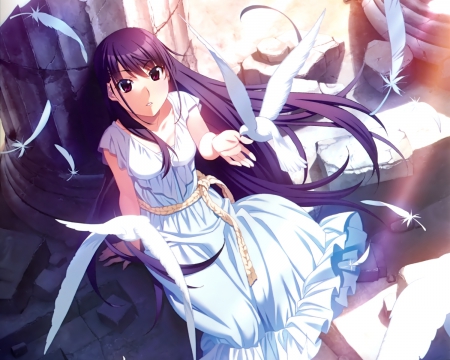 Yumiko Sakaki - White Dress, Anime Girl, Yumiko, Anime, Birds, Feathers, Purple Hair, Sakaki, Grisaia no Kajitsu, Yumiko Sakaki, Big Eyes