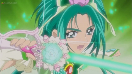 Protect Fleuret! The Light of Tranquillity! - pretty, anime, magic, female, green hair, light, long hair, shout, weapon, nice, anime girl, girl, sword, lovely, sweet, cure mint, pretty cure, blade, glow, glowing, precure, green