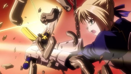 Break Free - blonde, blond, armor, weapon, broken, chain, fate stay night, anime, break, shout, lovely, female, excalibur, sword, arturia, blond hair, beautiful, girl, anime girl, scream, blonde hair, blade, arturia pendragon, emotional, pretty, beauty, sweet, sinister, mad, pendragon, angry, nice, saber