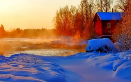 After Sunset - lake, landscape, trees, winter, sunset, nature, snow, river, house